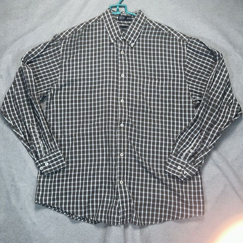 Haggar Shirt Mens XL Long Sleeve Button Down Beige Brown Black Plaid Pocket